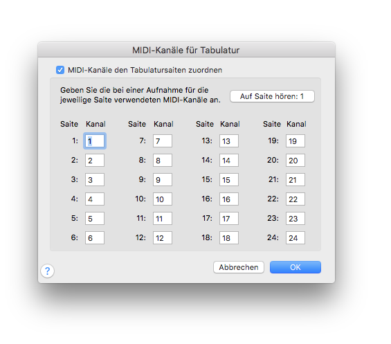 Dialogbox MIDI-Kanäle für Tabulatur